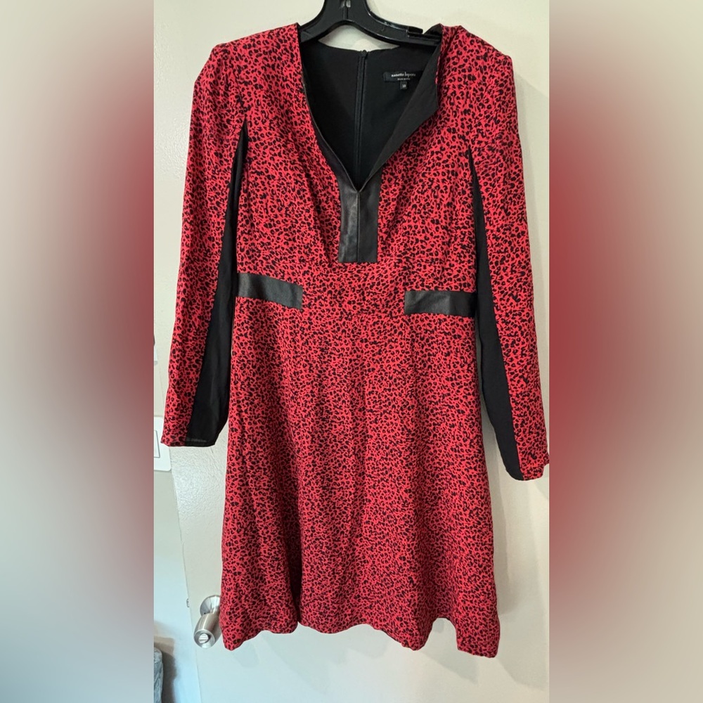 Nanette Lepore Red and Black Sheath Dress Long Sleeve Plunge